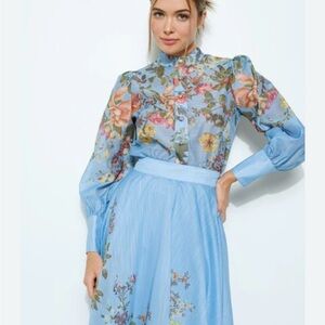 Floral Blue Long Sleeve top and Midi Skirt Set